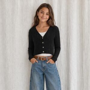 Art Class Girls Cropped Cardigan Ribbed Knit Button Front, Black Size L (10-12)